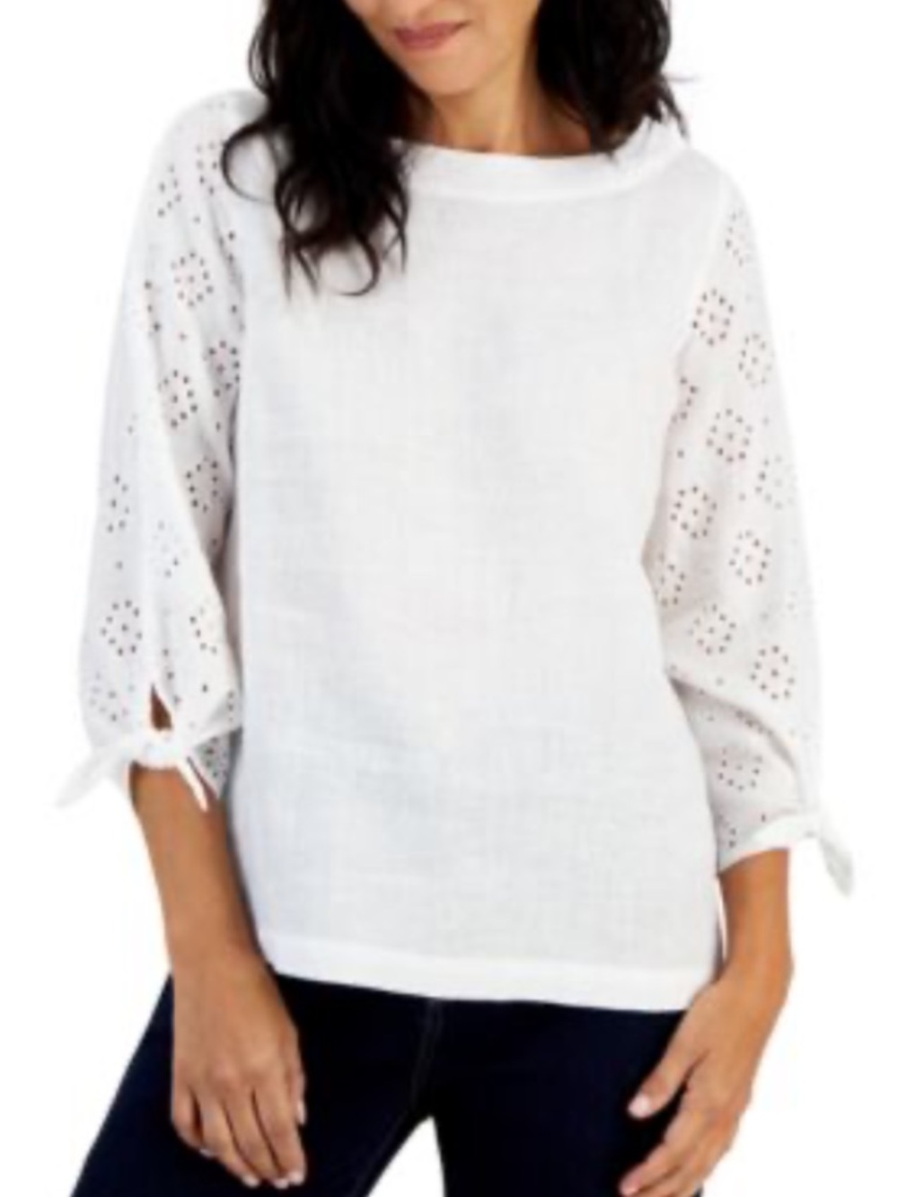 New Linen Charter Club luxury White Eyelet Tie Sleeve Blouse Size P M